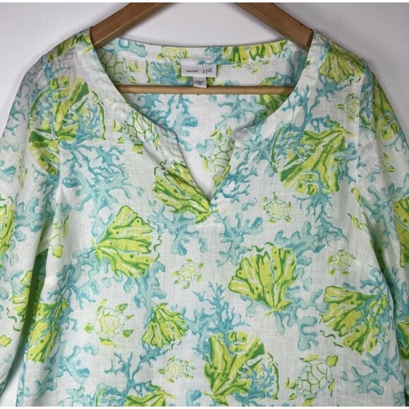 J Jill Love Linen Shirt Womens XS Sea Turtle Print Tunic Top Beach Summer Casual - Picture 2 of 13